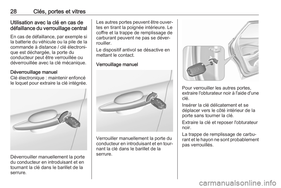 OPEL GRANDLAND X 2019.75  Manuel dutilisation (in French) 28Clés, portes et vitresUtilisation avec la clé en cas de
défaillance du verrouillage central
En cas de défaillance, par exemple si
la batterie du véhicule ou la pile de la commande à distance /