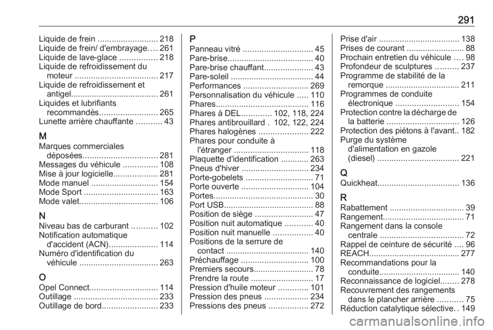 OPEL GRANDLAND X 2019.75 Manuel dutilisation (in French) 291Liquide de frein .......................... 218
Liquide de frein/ d'embrayage ....261
Liquide de lave-glace ................218
Liquide de refroidissement du moteur .......................... OPEL GRANDLAND X 2019.75 Manuel dutilisation (in French) 291Liquide de frein .......................... 218
Liquide de frein/ d'embrayage ....261
Liquide de lave-glace ................218
Liquide de refroidissement du moteur ..........................