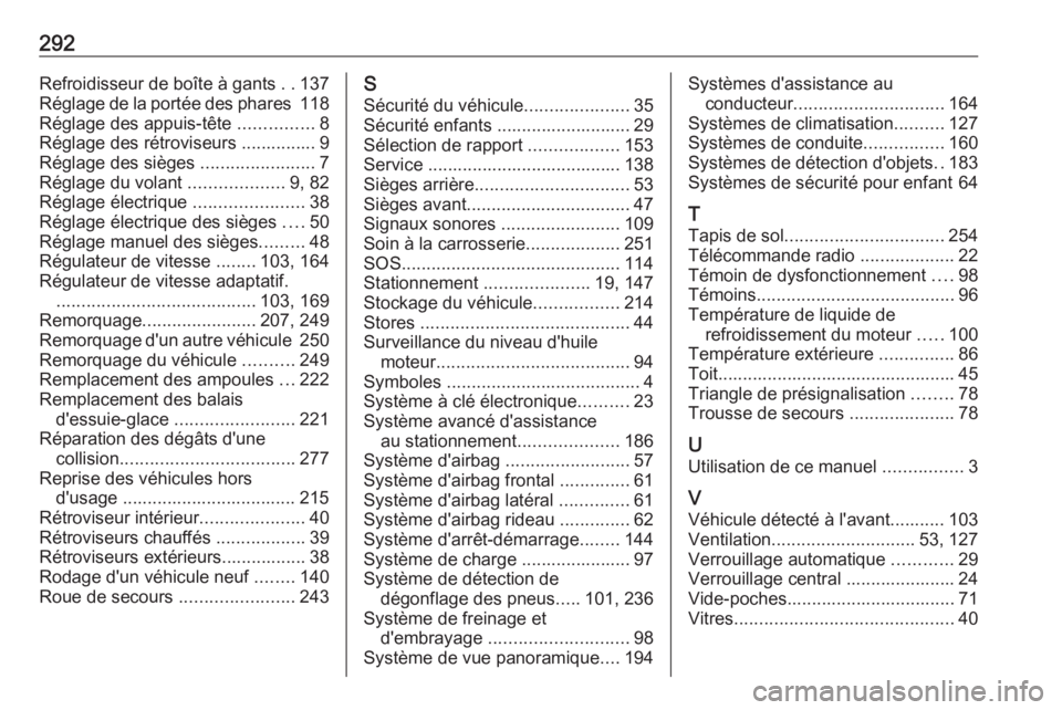 OPEL GRANDLAND X 2019.75  Manuel dutilisation (in French) 292Refroidisseur de boîte à gants ..137
Réglage de la portée des phares  118
Réglage des appuis-tête  ...............8
Réglage des rétroviseurs ............... 9
Réglage des sièges  ........