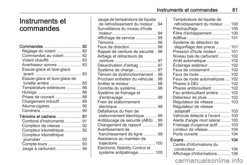 OPEL GRANDLAND X 2019.75  Manuel dutilisation (in French) Instruments et commandes81Instruments et
commandesCommandes ................................ 82
Réglage du volant .....................82
Commandes au volant ..............82
Volant chauffé ........