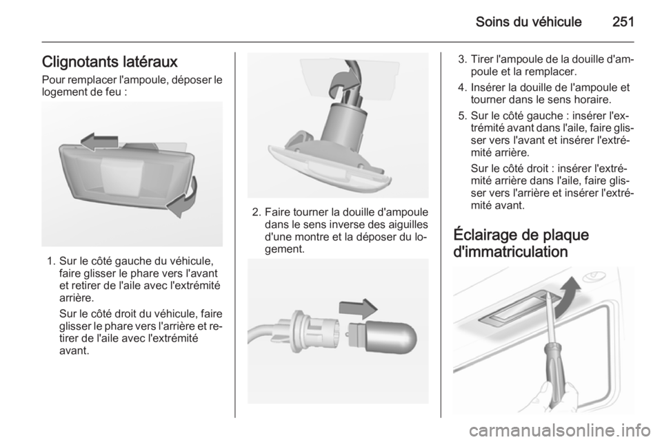 OPEL INSIGNIA 2014 Manuel dutilisation (in French) Soins du véhicule251Clignotants latéraux
Pour remplacer l'ampoule, déposer le logement de feu :
1. Sur le côté gauche du véhicule, faire glisser le phare vers l'avant
et retirer de l' OPEL INSIGNIA 2014 Manuel dutilisation (in French) Soins du véhicule251Clignotants latéraux
Pour remplacer l'ampoule, déposer le logement de feu :
1. Sur le côté gauche du véhicule, faire glisser le phare vers l'avant
et retirer de l'