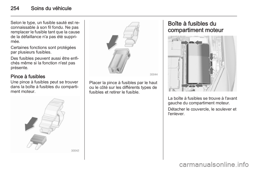 OPEL INSIGNIA 2014  Manuel dutilisation (in French) 254Soins du véhicule
Selon le type, un fusible sauté est re‐connaissable à son fil fondu. Ne pas
remplacer le fusible tant que la cause
de la défaillance n'a pas été suppri‐
mée.
Certai