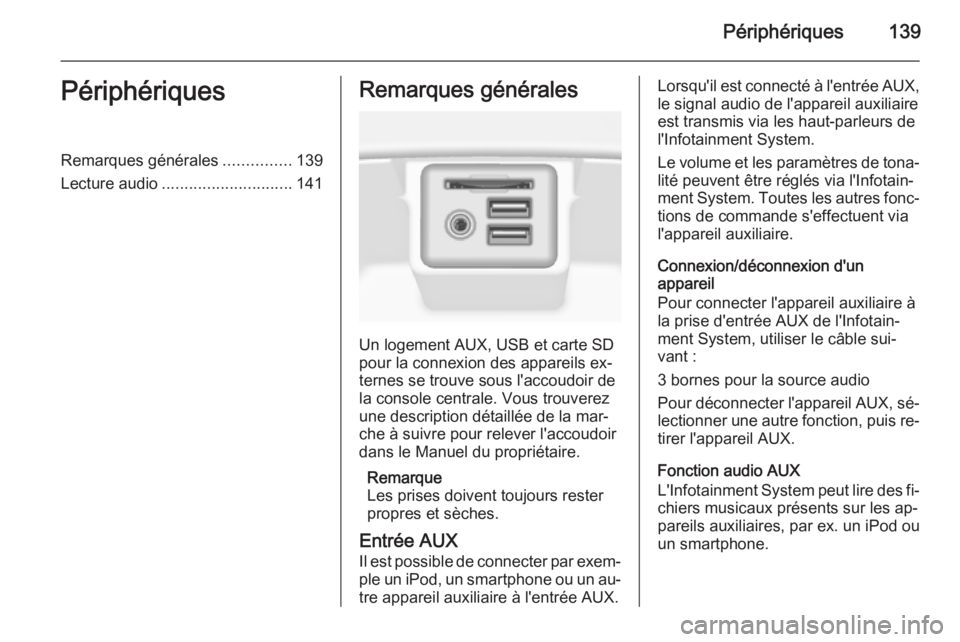 OPEL INSIGNIA 2014.5 Manuel multimédia (in French) Périphériques139PériphériquesRemarques générales...............139
Lecture audio ............................. 141Remarques générales
Un logement AUX, USB et carte SD
pour la connexion des app OPEL INSIGNIA 2014.5 Manuel multimédia (in French) Périphériques139PériphériquesRemarques générales...............139
Lecture audio ............................. 141Remarques générales
Un logement AUX, USB et carte SD
pour la connexion des app