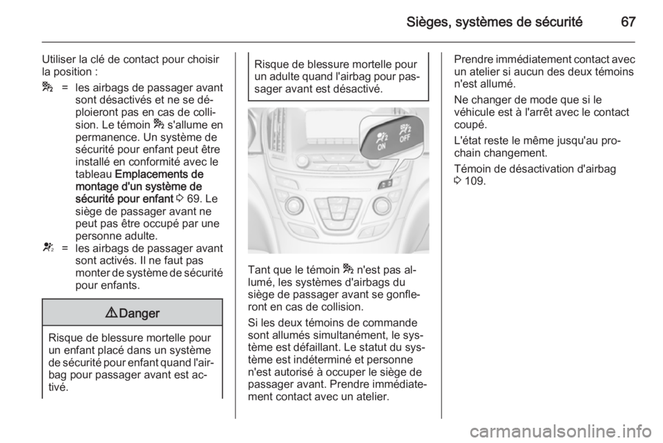 OPEL INSIGNIA 2014.5 Manuel dutilisation (in French) Sièges, systèmes de sécurité67
Utiliser la clé de contact pour choisir
la position :*=les airbags de passager avant sont désactivés et ne se dé‐
ploieront pas en cas de colli‐
sion. Le té OPEL INSIGNIA 2014.5 Manuel dutilisation (in French) Sièges, systèmes de sécurité67
Utiliser la clé de contact pour choisir
la position :*=les airbags de passager avant sont désactivés et ne se dé‐
ploieront pas en cas de colli‐
sion. Le té