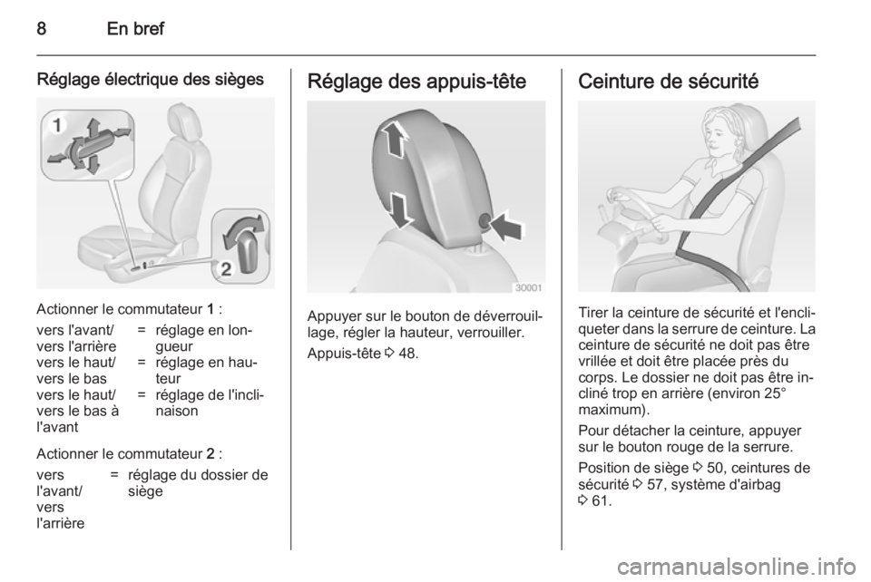 OPEL INSIGNIA 2014.5  Manuel dutilisation (in French) 8En bref
Réglage électrique des sièges
Actionner le commutateur 1 :
vers l'avant/
vers l'arrière=réglage en lon‐
gueurvers le haut/
vers le bas=réglage en hau‐
teurvers le haut/
vers