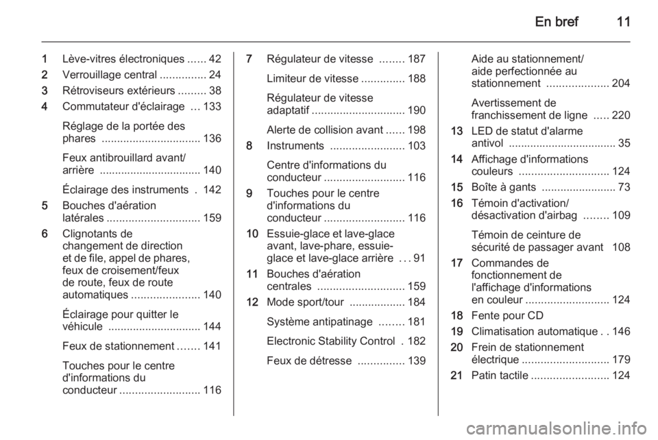 OPEL INSIGNIA 2015  Manuel dutilisation (in French) En bref11
1Lève-vitres électroniques ......42
2 Verrouillage central ...............24
3 Rétroviseurs extérieurs .........38
4 Commutateur d'éclairage  ...133
Réglage de la portée des
phare
