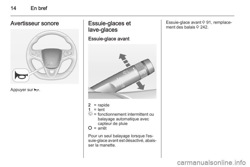 OPEL INSIGNIA 2015  Manuel dutilisation (in French) 14En brefAvertisseur sonore
Appuyer sur j.
Essuie-glaces et
lave-glaces 
Essuie-glace avant2=rapide1=lentP=fonctionnement intermittent ou
balayage automatique avec
capteur de pluie§=arrêt
Pour un se