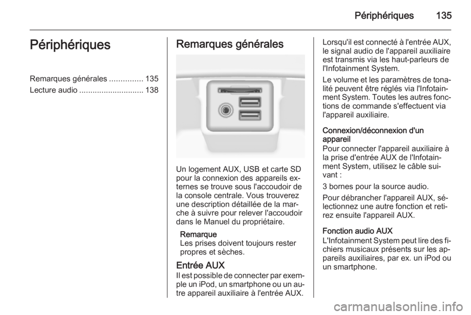 OPEL INSIGNIA 2015.5 Manuel multimédia (in French) Périphériques135PériphériquesRemarques générales...............135
Lecture audio ............................. 138Remarques générales
Un logement AUX, USB et carte SD
pour la connexion des app OPEL INSIGNIA 2015.5 Manuel multimédia (in French) Périphériques135PériphériquesRemarques générales...............135
Lecture audio ............................. 138Remarques générales
Un logement AUX, USB et carte SD
pour la connexion des app