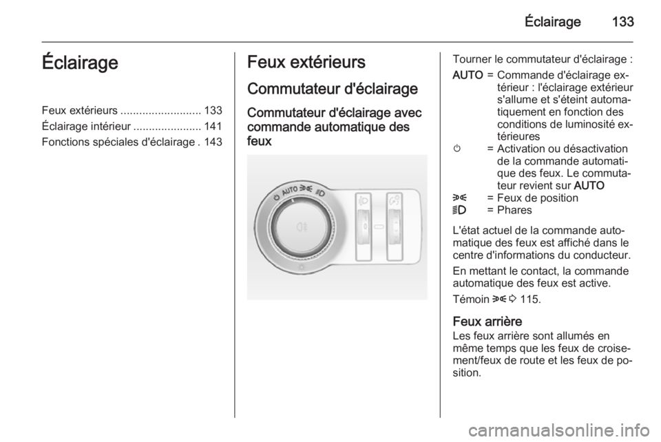 OPEL INSIGNIA 2015.5 Manuel dutilisation (in French) Éclairage133ÉclairageFeux extérieurs.......................... 133
Éclairage intérieur ......................141
Fonctions spéciales d'éclairage . 143Feux extérieurs
Commutateur d'écl OPEL INSIGNIA 2015.5 Manuel dutilisation (in French) Éclairage133ÉclairageFeux extérieurs.......................... 133
Éclairage intérieur ......................141
Fonctions spéciales d'éclairage . 143Feux extérieurs
Commutateur d'écl