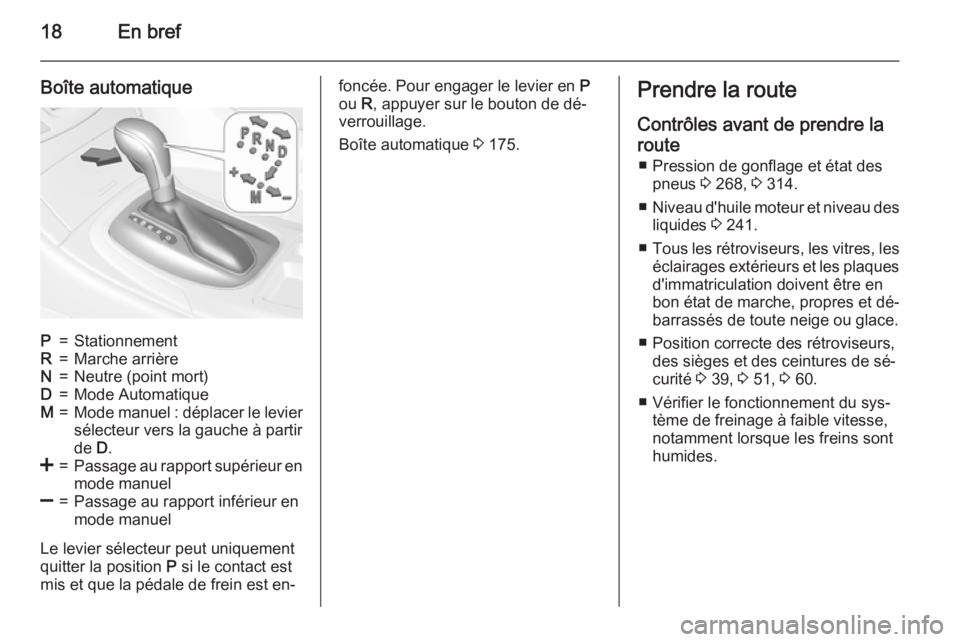 OPEL INSIGNIA 2015.5  Manuel dutilisation (in French) 18En bref
Boîte automatiqueP=StationnementR=Marche arrièreN=Neutre (point mort)D=Mode AutomatiqueM=Mode manuel : déplacer le levier
sélecteur vers la gauche à partir
de  D.<=Passage au rapport su