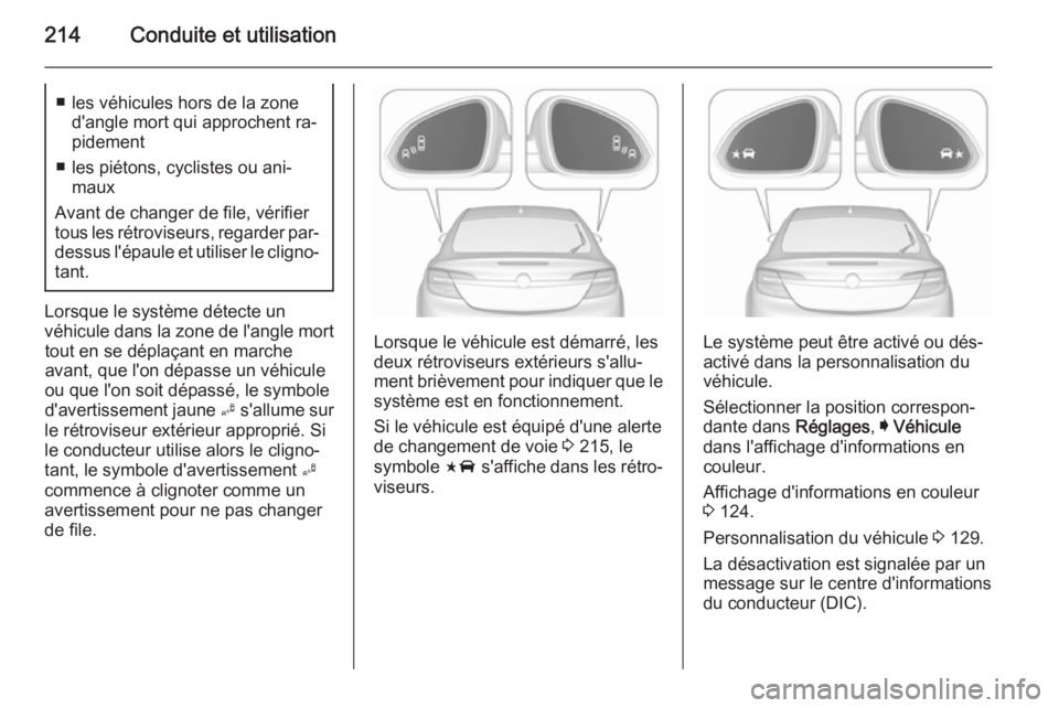 OPEL INSIGNIA 2015.5 Manuel dutilisation (in French) 214Conduite et utilisation■ les véhicules hors de la zoned'angle mort qui approchent ra‐
pidement
■ les piétons, cyclistes ou ani‐ maux
Avant de changer de file, vérifier
tous les rétr OPEL INSIGNIA 2015.5 Manuel dutilisation (in French) 214Conduite et utilisation■ les véhicules hors de la zoned'angle mort qui approchent ra‐
pidement
■ les piétons, cyclistes ou ani‐ maux
Avant de changer de file, vérifier
tous les rétr