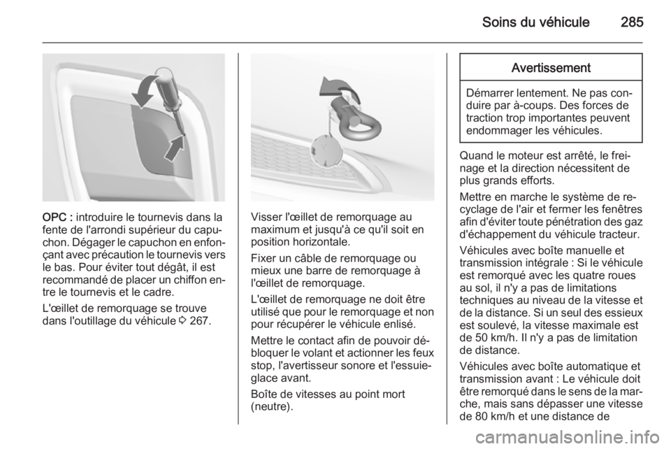 OPEL INSIGNIA 2015.5  Manuel dutilisation (in French) Soins du véhicule285
OPC : introduire le tournevis dans la
fente de l'arrondi supérieur du capu‐
chon. Dégager le capuchon en enfon‐
çant avec précaution le tournevis vers le bas. Pour é