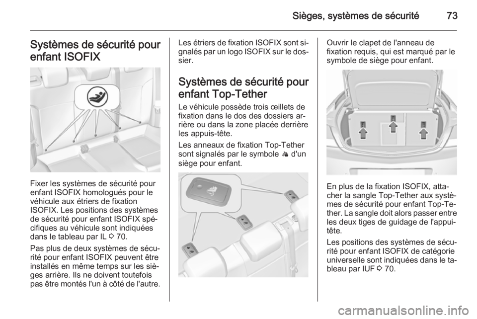 OPEL INSIGNIA 2015.5  Manuel dutilisation (in French) Sièges, systèmes de sécurité73Systèmes de sécurité pour
enfant ISOFIX
Fixer les systèmes de sécurité pour
enfant ISOFIX homologués pour le véhicule aux étriers de fixation
ISOFIX. Les pos