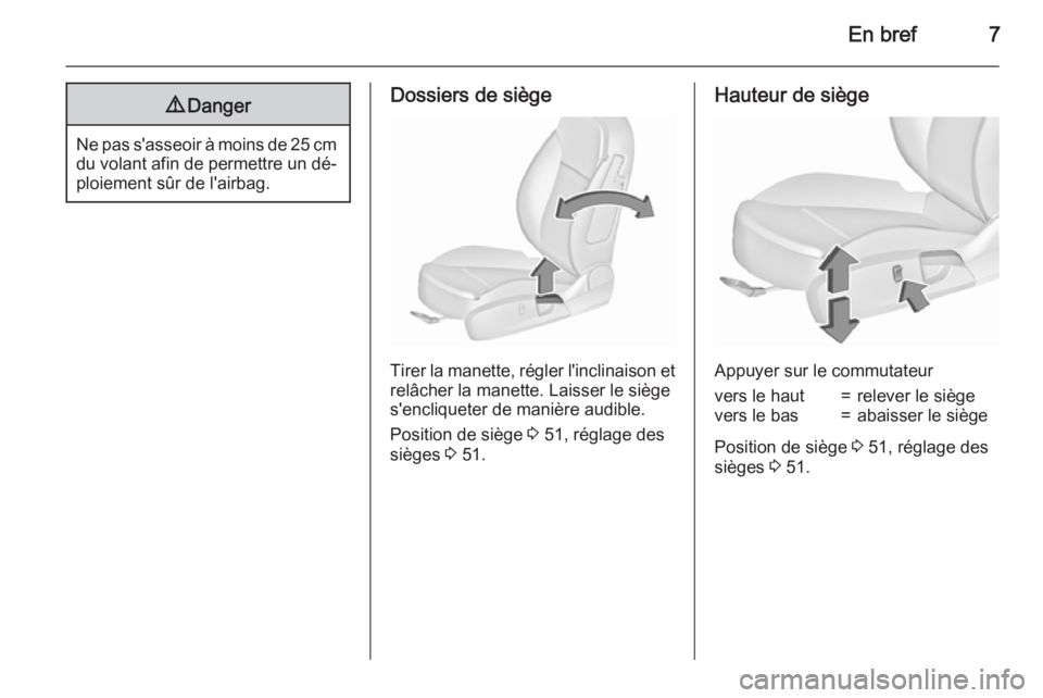 OPEL INSIGNIA 2015.5  Manuel dutilisation (in French) En bref79Danger
Ne pas s'asseoir à moins de 25 cm
du volant afin de permettre un dé‐
ploiement sûr de l'airbag.
Dossiers de siège
Tirer la manette, régler l'inclinaison et
relâcher