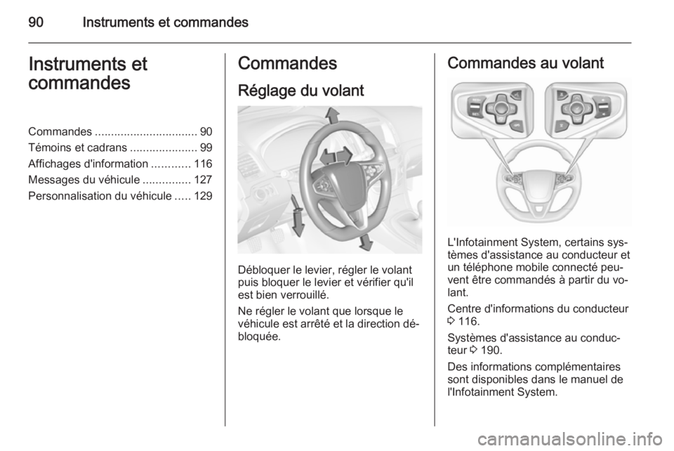 OPEL INSIGNIA 2015.5  Manuel dutilisation (in French) 90Instruments et commandesInstruments et
commandesCommandes ................................ 90
Témoins et cadrans .....................99
Affichages d'information ............116
Messages du vé