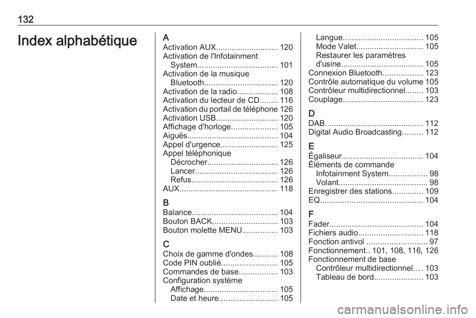 OPEL INSIGNIA 2016  Manuel multimédia (in French) 132Index alphabétiqueAActivation AUX............................ 120
Activation de l'Infotainment System .................................... 101
Activation de la musique Bluetooth ..............