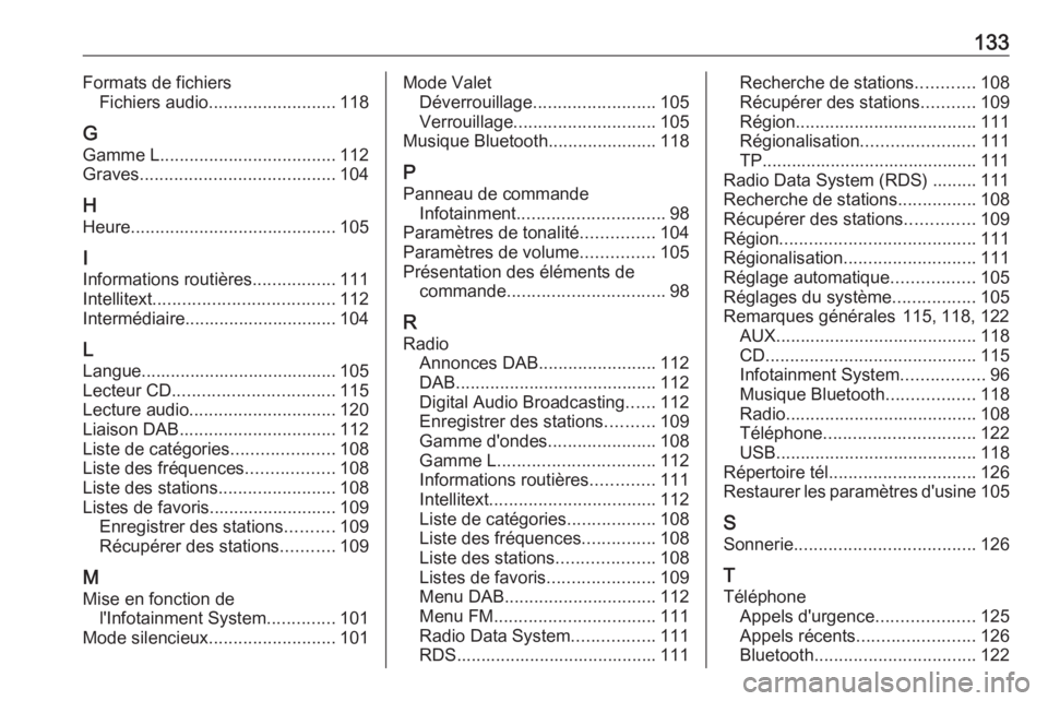 OPEL INSIGNIA 2016  Manuel multimédia (in French) 133Formats de fichiersFichiers audio .......................... 118
G
Gamme L .................................... 112
Graves ........................................ 104
H
Heure .....................