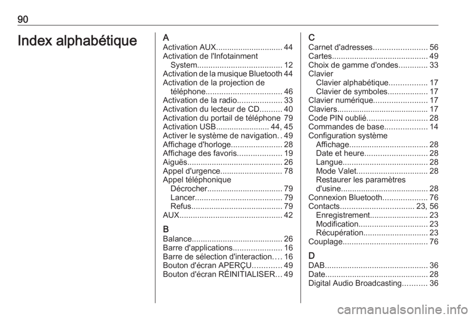 OPEL INSIGNIA 2016  Manuel multimédia (in French) 90Index alphabétiqueAActivation AUX.............................. 44
Activation de l'Infotainment System ...................................... 12
Activation de la musique Bluetooth 44
Activation