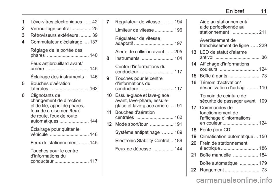 OPEL INSIGNIA 2016  Manuel dutilisation (in French) En bref111Lève-vitres électroniques ......42
2 Verrouillage central ...............25
3 Rétroviseurs extérieurs .........39
4 Commutateur d'éclairage  ...137
Réglage de la portée des
phares