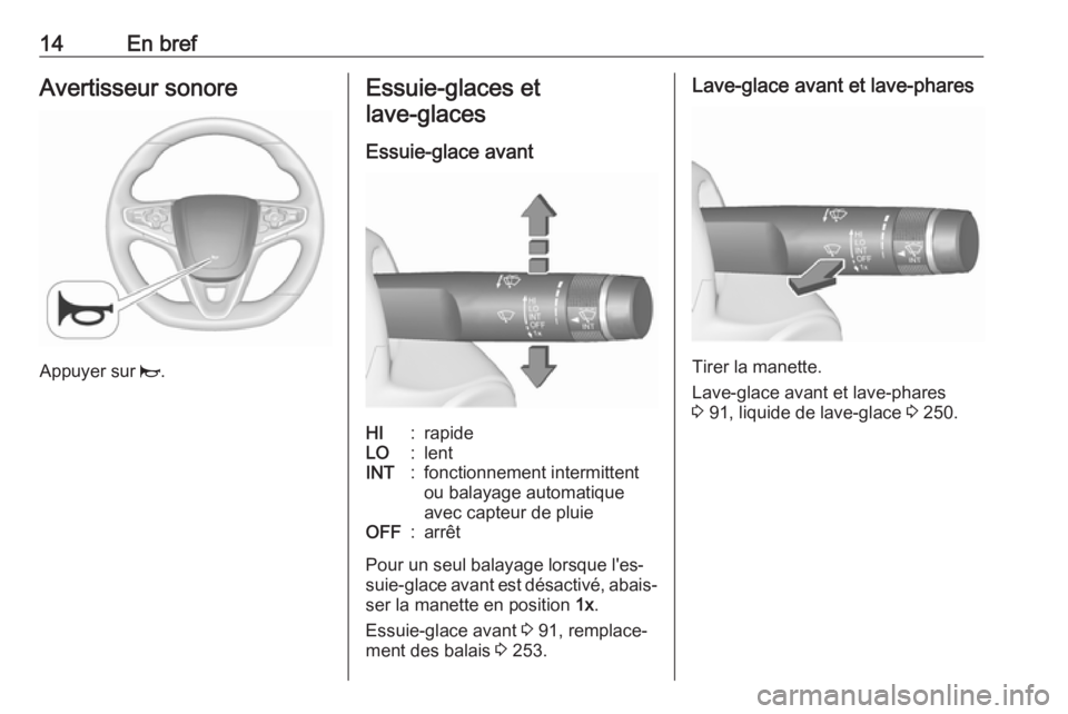 OPEL INSIGNIA 2016  Manuel dutilisation (in French) 14En brefAvertisseur sonore
Appuyer sur j.
Essuie-glaces et
lave-glaces 
Essuie-glace avantHI:rapideLO:lentINT:fonctionnement intermittent
ou balayage automatique
avec capteur de pluieOFF:arrêt
Pour 