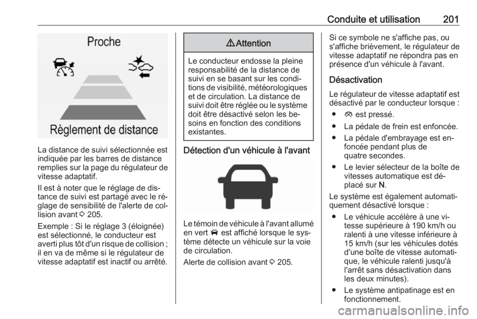 OPEL INSIGNIA 2016 Manuel dutilisation (in French) Conduite et utilisation201
La distance de suivi sélectionnée est
indiquée par les barres de distance
remplies sur la page du régulateur de vitesse adaptatif.
Il est à noter que le réglage de dis OPEL INSIGNIA 2016 Manuel dutilisation (in French) Conduite et utilisation201
La distance de suivi sélectionnée est
indiquée par les barres de distance
remplies sur la page du régulateur de vitesse adaptatif.
Il est à noter que le réglage de dis