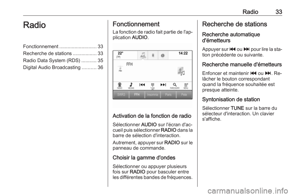 OPEL INSIGNIA 2016.5 Manuel multimédia (in French) Radio33RadioFonctionnement........................... 33
Recherche de stations .................33
Radio Data System (RDS) ...........35
Digital Audio Broadcasting ..........36Fonctionnement
La foncti OPEL INSIGNIA 2016.5 Manuel multimédia (in French) Radio33RadioFonctionnement........................... 33
Recherche de stations .................33
Radio Data System (RDS) ...........35
Digital Audio Broadcasting ..........36Fonctionnement
La foncti