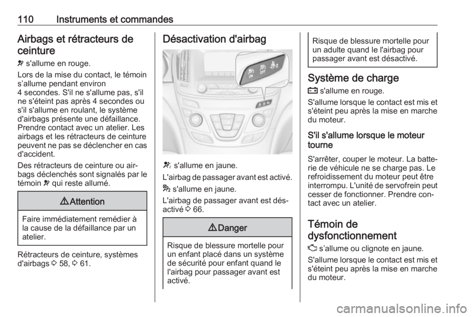 OPEL INSIGNIA 2016.5 Manuel dutilisation (in French) 110Instruments et commandesAirbags et rétracteurs deceinture
v s'allume en rouge.
Lors de la mise du contact, le témoin
s’allume pendant environ
4 secondes. S'il ne s'allume pas, s OPEL INSIGNIA 2016.5 Manuel dutilisation (in French) 110Instruments et commandesAirbags et rétracteurs deceinture
v s'allume en rouge.
Lors de la mise du contact, le témoin
s’allume pendant environ
4 secondes. S'il ne s'allume pas, s