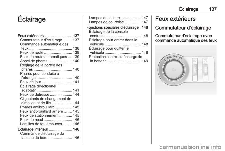 OPEL INSIGNIA 2016.5 Manuel dutilisation (in French) Éclairage137ÉclairageFeux extérieurs.......................... 137
Commutateur d'éclairage ........137
Commande automatique des feux ......................................... 138
Feux de route OPEL INSIGNIA 2016.5 Manuel dutilisation (in French) Éclairage137ÉclairageFeux extérieurs.......................... 137
Commutateur d'éclairage ........137
Commande automatique des feux ......................................... 138
Feux de route
