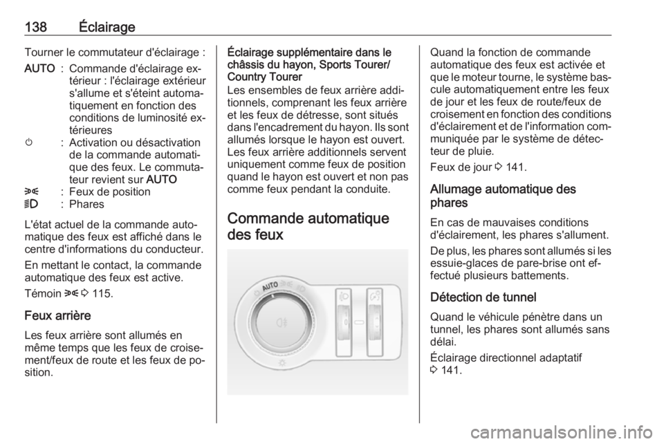 OPEL INSIGNIA 2016.5  Manuel dutilisation (in French) 138ÉclairageTourner le commutateur d'éclairage :AUTO:Commande d'éclairage ex‐
térieur : l'éclairage extérieur
s'allume et s'éteint automa‐
tiquement en fonction des
cond