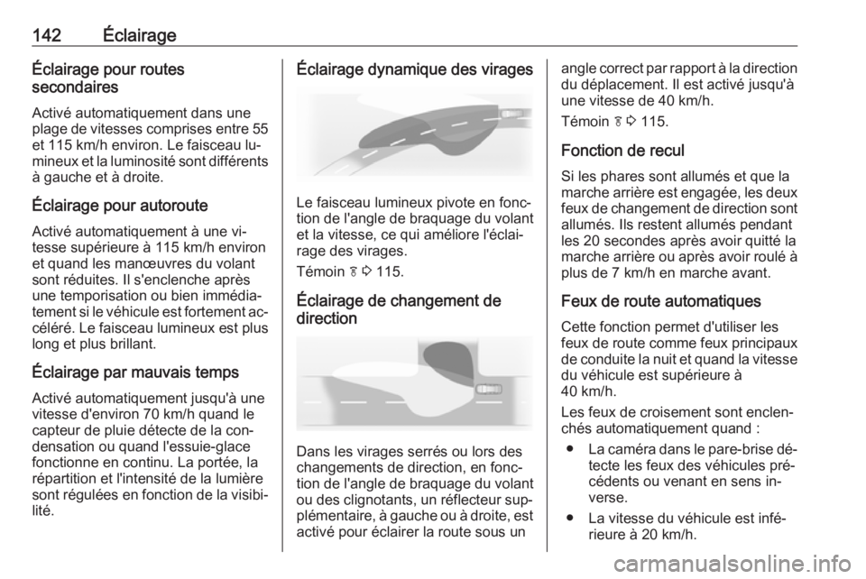 OPEL INSIGNIA 2016.5 Manuel dutilisation (in French) 142ÉclairageÉclairage pour routes
secondaires
Activé automatiquement dans une
plage de vitesses comprises entre 55 et 115 km/h environ. Le faisceau lu‐
mineux et la luminosité sont différents OPEL INSIGNIA 2016.5 Manuel dutilisation (in French) 142ÉclairageÉclairage pour routes
secondaires
Activé automatiquement dans une
plage de vitesses comprises entre 55 et 115 km/h environ. Le faisceau lu‐
mineux et la luminosité sont différents
