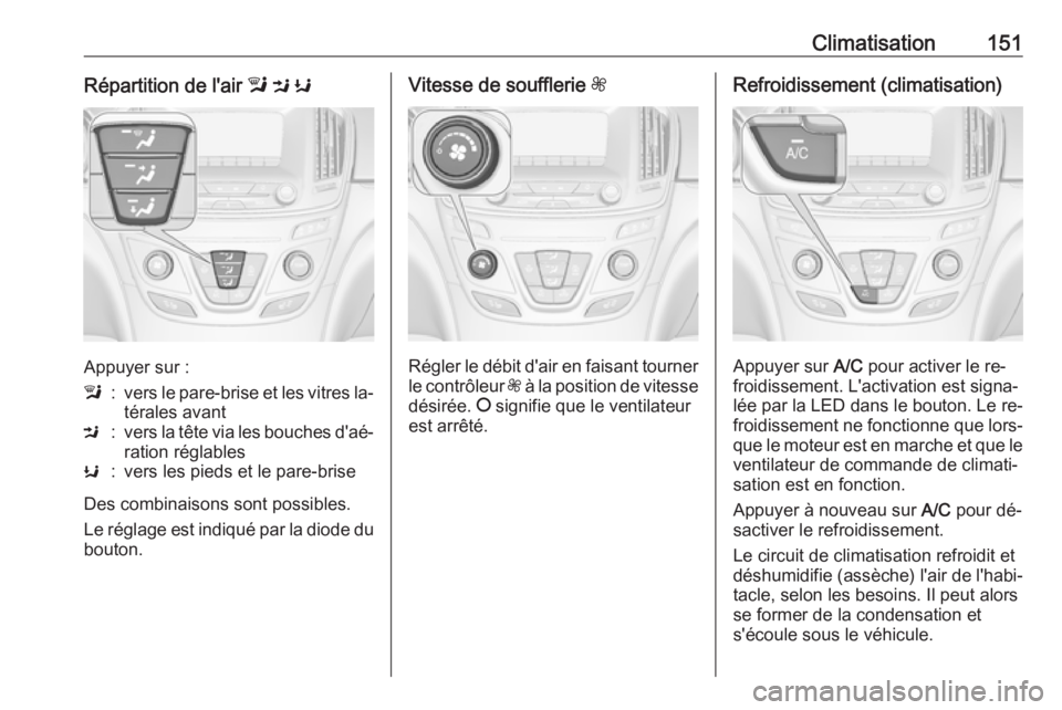 OPEL INSIGNIA 2016.5 Manuel dutilisation (in French) Climatisation151Répartition de l'air l M K
Appuyer sur :
l:vers le pare-brise et les vitres la‐
térales avantM:vers la tête via les bouches d'aé‐
ration réglablesK:vers les pieds et OPEL INSIGNIA 2016.5 Manuel dutilisation (in French) Climatisation151Répartition de l'air l M K
Appuyer sur :
l:vers le pare-brise et les vitres la‐
térales avantM:vers la tête via les bouches d'aé‐
ration réglablesK:vers les pieds et
