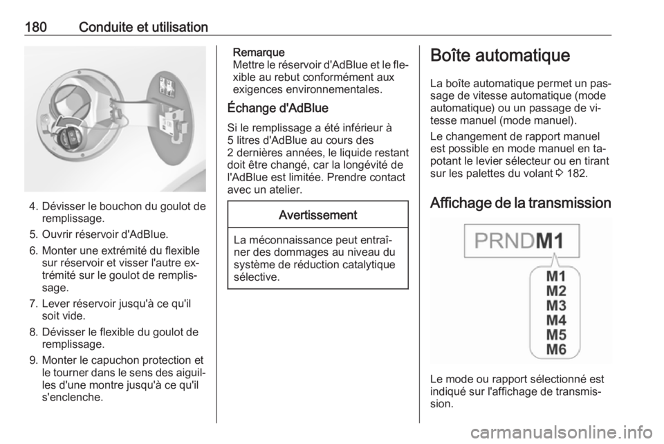 OPEL INSIGNIA 2016.5  Manuel dutilisation (in French) 180Conduite et utilisation
4.Dévisser le bouchon du goulot de
remplissage.
5. Ouvrir réservoir d'AdBlue. 6. Monter une extrémité du flexible sur réservoir et visser l'autre ex‐trémité