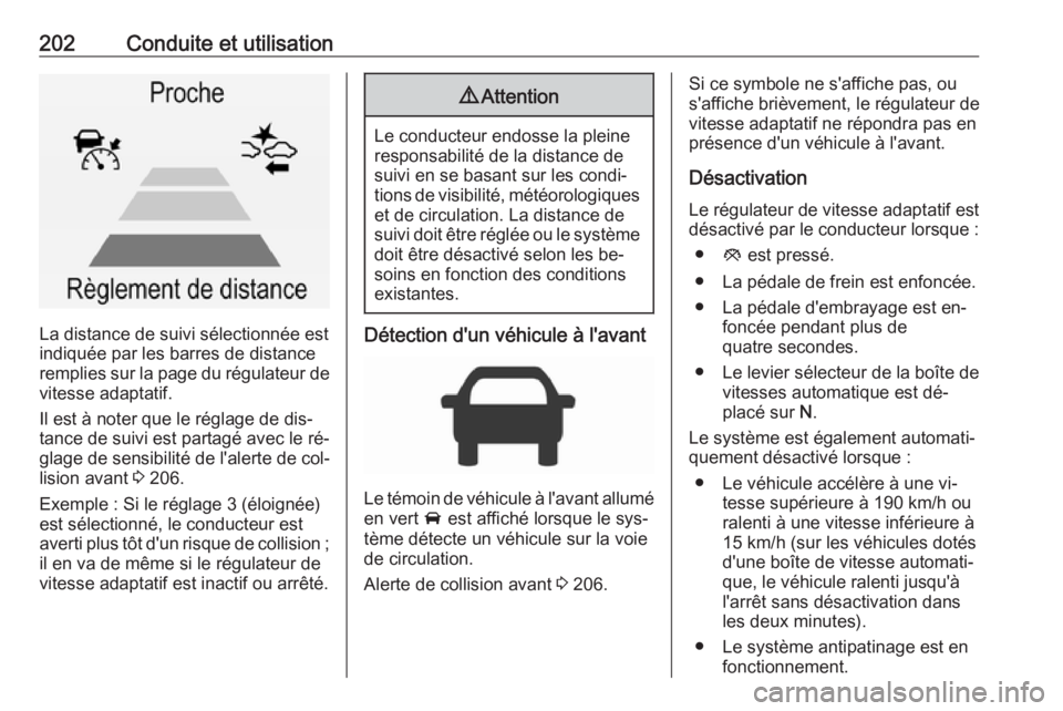 OPEL INSIGNIA 2016.5 Manuel dutilisation (in French) 202Conduite et utilisation
La distance de suivi sélectionnée est
indiquée par les barres de distance
remplies sur la page du régulateur de vitesse adaptatif.
Il est à noter que le réglage de dis OPEL INSIGNIA 2016.5 Manuel dutilisation (in French) 202Conduite et utilisation
La distance de suivi sélectionnée est
indiquée par les barres de distance
remplies sur la page du régulateur de vitesse adaptatif.
Il est à noter que le réglage de dis