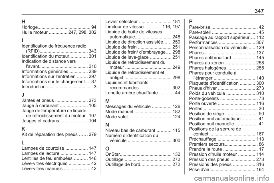 OPEL INSIGNIA 2016.5  Manuel dutilisation (in French) 347HHorloge ......................................... 94
Huile moteur  ..............247, 298, 302
I
Identification de fréquence radio (RFID) ..................................... 343
Identification 