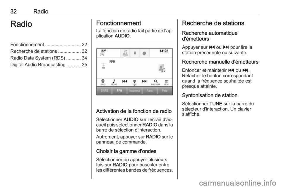 OPEL INSIGNIA 2017 Manuel multimédia (in French) 32RadioRadioFonctionnement........................... 32
Recherche de stations .................32
Radio Data System (RDS) ...........34
Digital Audio Broadcasting ..........35Fonctionnement
La foncti OPEL INSIGNIA 2017 Manuel multimédia (in French) 32RadioRadioFonctionnement........................... 32
Recherche de stations .................32
Radio Data System (RDS) ...........34
Digital Audio Broadcasting ..........35Fonctionnement
La foncti