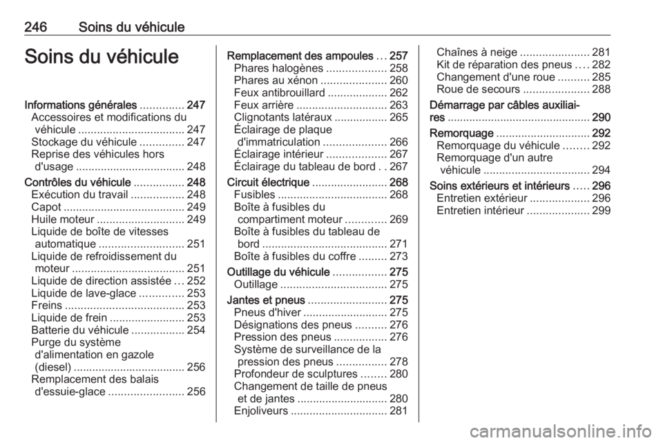 OPEL INSIGNIA 2017 Manuel dutilisation (in French) 246Soins du véhiculeSoins du véhiculeInformations générales..............247
Accessoires et modifications du véhicule .................................. 247
Stockage du véhicule ..............24 OPEL INSIGNIA 2017 Manuel dutilisation (in French) 246Soins du véhiculeSoins du véhiculeInformations générales..............247
Accessoires et modifications du véhicule .................................. 247
Stockage du véhicule ..............24