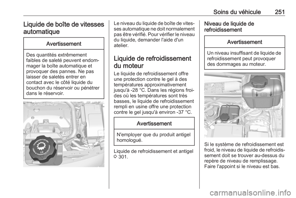 OPEL INSIGNIA 2017 Manuel dutilisation (in French) Soins du véhicule251Liquide de boîte de vitessesautomatiqueAvertissement
Des quantités extrêmement
faibles de saleté peuvent endom‐ mager la boîte automatique et
provoquer des pannes. Ne pas l OPEL INSIGNIA 2017 Manuel dutilisation (in French) Soins du véhicule251Liquide de boîte de vitessesautomatiqueAvertissement
Des quantités extrêmement
faibles de saleté peuvent endom‐ mager la boîte automatique et
provoquer des pannes. Ne pas l