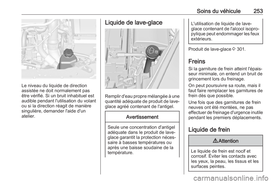 OPEL INSIGNIA 2017 Manuel dutilisation (in French) Soins du véhicule253
Le niveau du liquide de direction
assistée ne doit normalement pas
être vérifié. Si un bruit inhabituel est
audible pendant l'utilisation du volant
ou si la direction ré OPEL INSIGNIA 2017 Manuel dutilisation (in French) Soins du véhicule253
Le niveau du liquide de direction
assistée ne doit normalement pas
être vérifié. Si un bruit inhabituel est
audible pendant l'utilisation du volant
ou si la direction ré