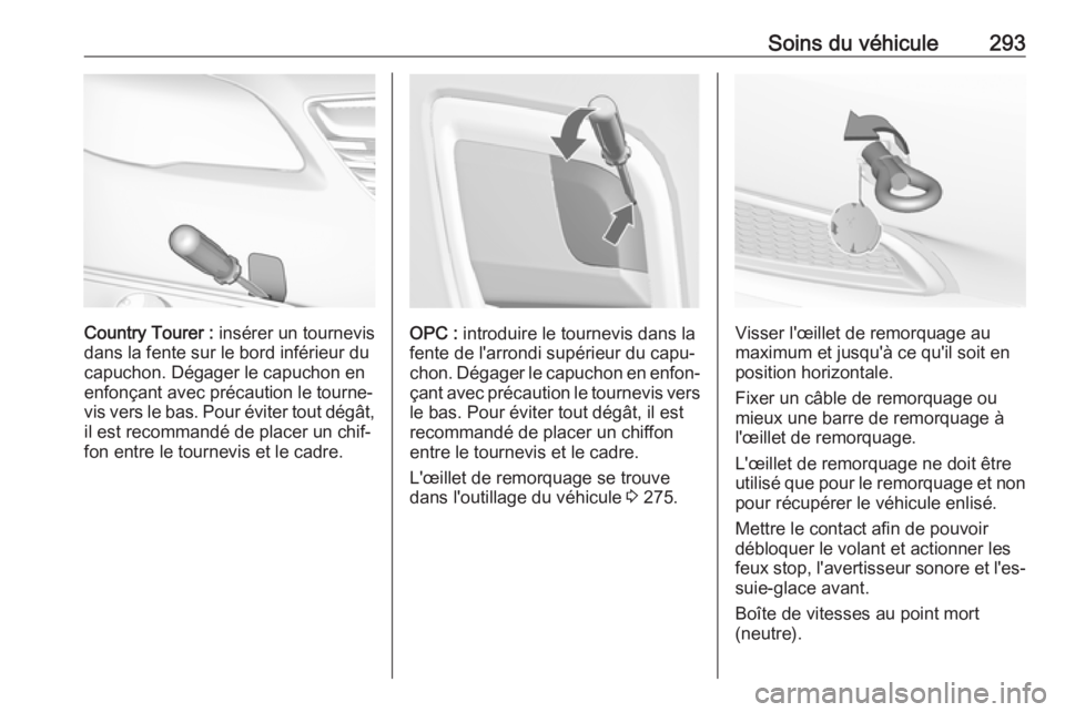 OPEL INSIGNIA 2017 Manuel dutilisation (in French) Soins du véhicule293
Country Tourer : insérer un tournevis
dans la fente sur le bord inférieur du
capuchon. Dégager le capuchon en
enfonçant avec précaution le tourne‐
vis vers le bas. Pour é OPEL INSIGNIA 2017 Manuel dutilisation (in French) Soins du véhicule293
Country Tourer : insérer un tournevis
dans la fente sur le bord inférieur du
capuchon. Dégager le capuchon en
enfonçant avec précaution le tourne‐
vis vers le bas. Pour é