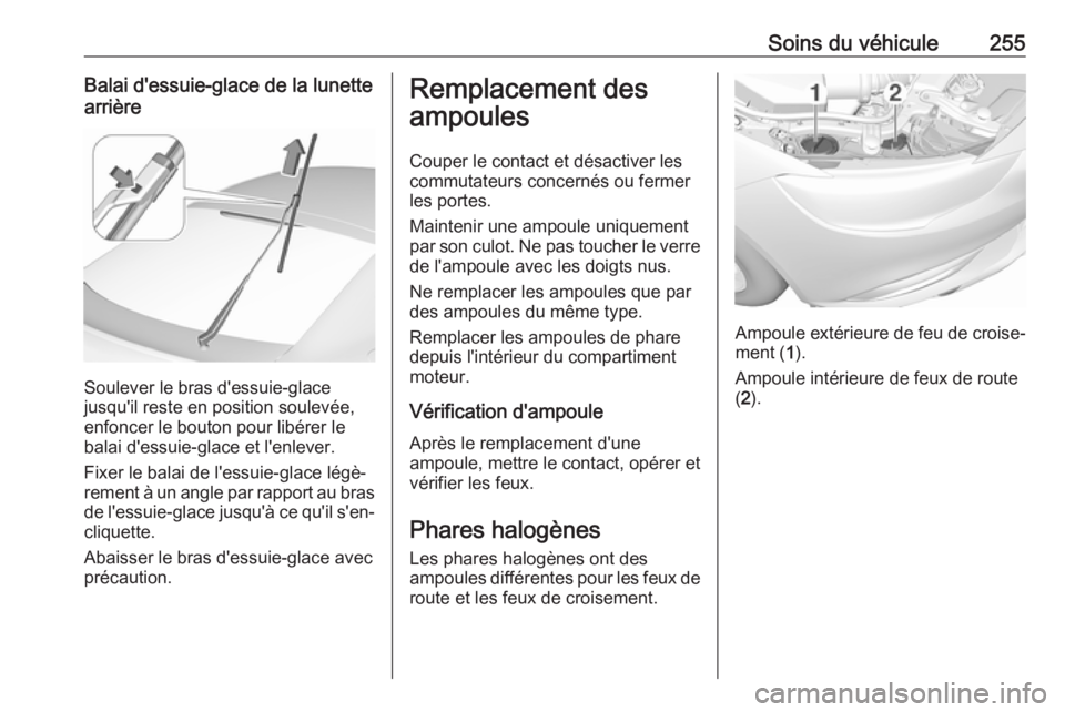 OPEL INSIGNIA BREAK 2017.5 Manuel dutilisation (in French) Soins du véhicule255Balai d'essuie-glace de la lunette
arrière
Soulever le bras d'essuie-glace
jusqu'il reste en position soulevée,
enfoncer le bouton pour libérer le
balai d'essui OPEL INSIGNIA BREAK 2017.5 Manuel dutilisation (in French) Soins du véhicule255Balai d'essuie-glace de la lunette
arrière
Soulever le bras d'essuie-glace
jusqu'il reste en position soulevée,
enfoncer le bouton pour libérer le
balai d'essui