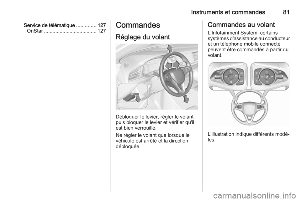 OPEL INSIGNIA BREAK 2017.5  Manuel dutilisation (in French) Instruments et commandes81Service de télématique..............127
OnStar ..................................... 127Commandes
Réglage du volant
Débloquer le levier, régler le volant
puis bloquer le