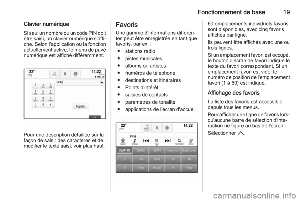 OPEL INSIGNIA BREAK 2017.75  Manuel multimédia (in French) Fonctionnement de base19Clavier numériqueSi seul un nombre ou un code PIN doitêtre saisi, un clavier numérique s'affi‐
che. Selon l'application ou la fonction actuellement active, le menu