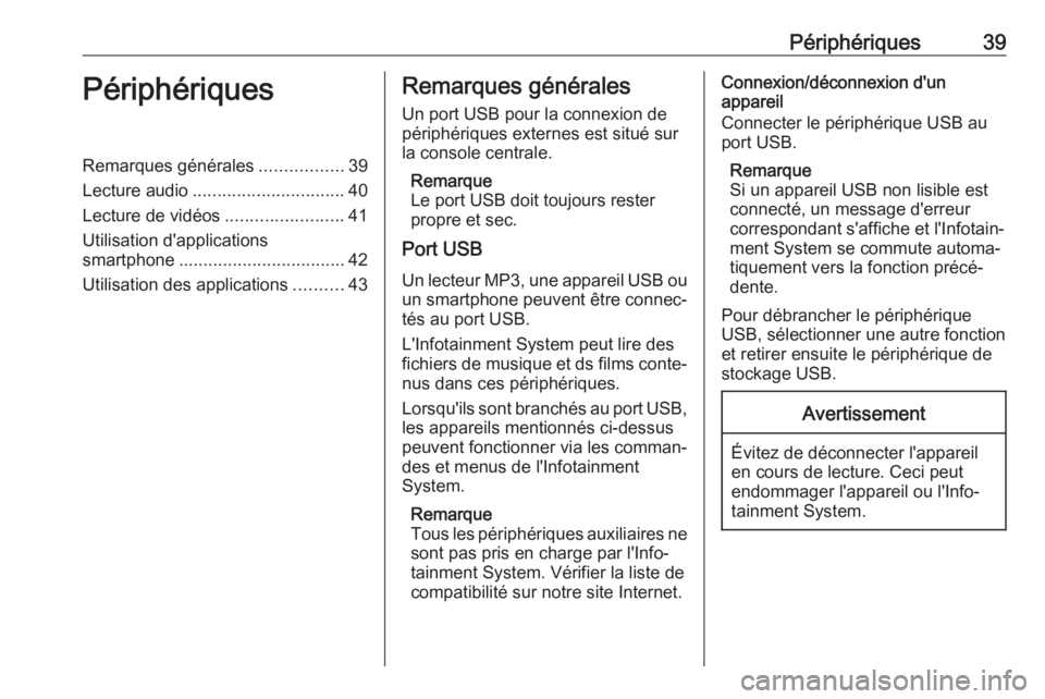 OPEL INSIGNIA BREAK 2017.75  Manuel multimédia (in French) Périphériques39PériphériquesRemarques générales.................39
Lecture audio ............................... 40
Lecture de vidéos ........................41
Utilisation d'applications
s