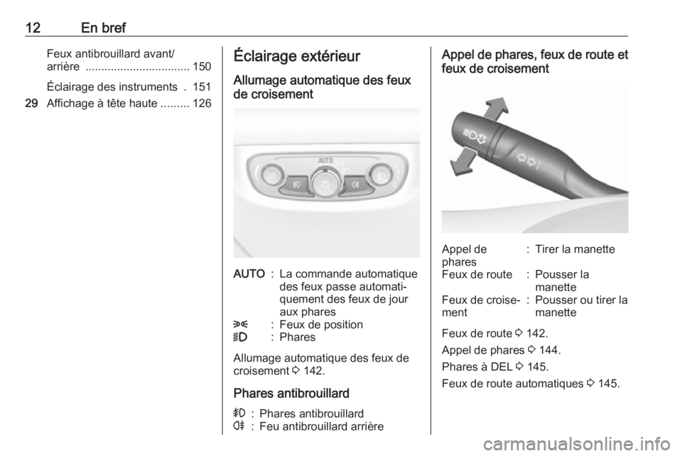 OPEL INSIGNIA BREAK 2017.75  Manuel dutilisation (in French) 12En brefFeux antibrouillard avant/
arrière  ................................. 150
Éclairage des instruments  . 151
29 Affichage à tête haute .........126Éclairage extérieur
Allumage automatique