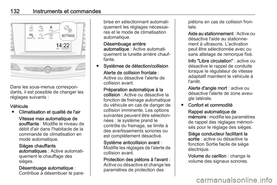 OPEL INSIGNIA BREAK 2017.75 Manuel dutilisation (in French) 132Instruments et commandes
Dans les sous-menus correspon‐
dants, il est possible de changer les
réglages suivants :
Véhicule ● Climatisation et qualité de l'air
Vitesse max automatique des OPEL INSIGNIA BREAK 2017.75 Manuel dutilisation (in French) 132Instruments et commandes
Dans les sous-menus correspon‐
dants, il est possible de changer les
réglages suivants :
Véhicule ● Climatisation et qualité de l'air
Vitesse max automatique des