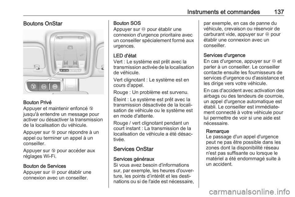 OPEL INSIGNIA BREAK 2017.75 Manuel dutilisation (in French) Instruments et commandes137Boutons OnStar
Bouton Privé
Appuyer et maintenir enfoncé j
jusqu'à entendre un message pour activer ou désactiver la transmission de la localisation du véhicule.
A OPEL INSIGNIA BREAK 2017.75 Manuel dutilisation (in French) Instruments et commandes137Boutons OnStar
Bouton Privé
Appuyer et maintenir enfoncé j
jusqu'à entendre un message pour activer ou désactiver la transmission de la localisation du véhicule.
A