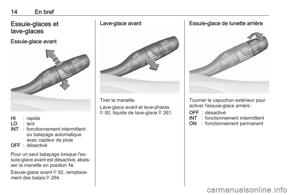 OPEL INSIGNIA BREAK 2017.75  Manuel dutilisation (in French) 14En brefEssuie-glaces et
lave-glaces 
Essuie-glace avantHI:rapideLO:lentINT:fonctionnement intermittent
ou balayage automatique
avec capteur de pluieOFF:désactivé
Pour un seul balayage lorsque l