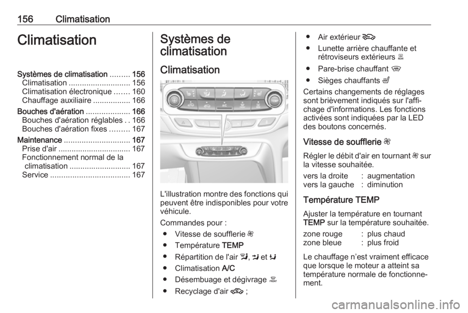 OPEL INSIGNIA BREAK 2017.75  Manuel dutilisation (in French) 156ClimatisationClimatisationSystèmes de climatisation.........156
Climatisation ............................ 156
Climatisation électronique .......160
Chauffage auxiliaire .................166
Bouc