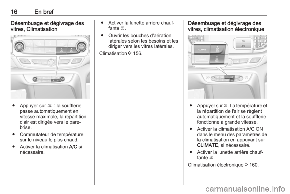 OPEL INSIGNIA BREAK 2017.75  Manuel dutilisation (in French) 16En brefDésembuage et dégivrage des
vitres, Climatisation
● Appuyer sur  á : la soufflerie
passe automatiquement en
vitesse maximale, la répartition
d'air est dirigée vers le pare-
brise.
