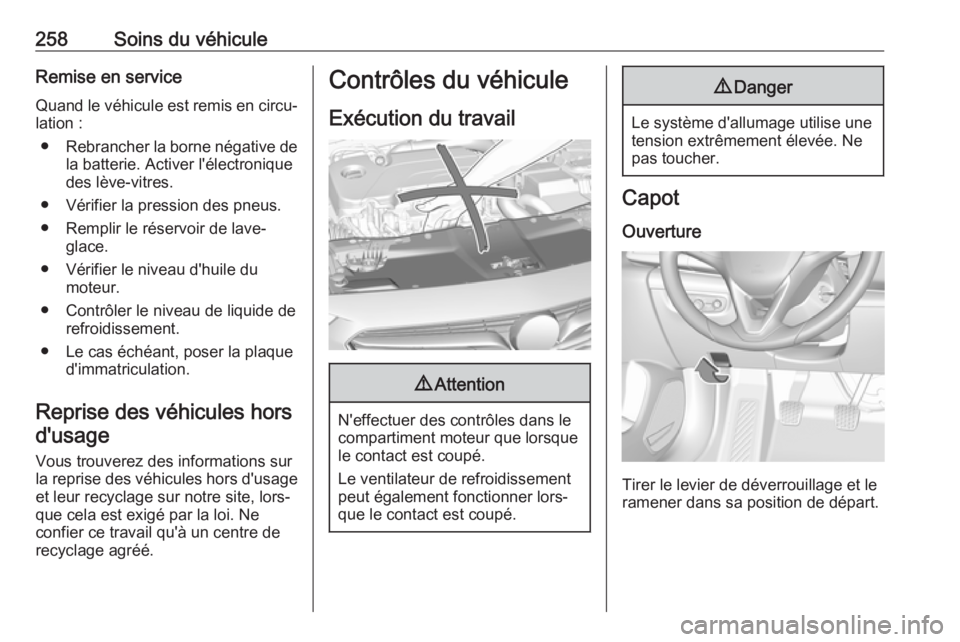 OPEL INSIGNIA BREAK 2017.75 Manuel dutilisation (in French) 258Soins du véhiculeRemise en serviceQuand le véhicule est remis en circu‐
lation :
● Rebrancher la borne négative de
la batterie. Activer l'électronique
des lève-vitres.
● Vérifier la OPEL INSIGNIA BREAK 2017.75 Manuel dutilisation (in French) 258Soins du véhiculeRemise en serviceQuand le véhicule est remis en circu‐
lation :
● Rebrancher la borne négative de
la batterie. Activer l'électronique
des lève-vitres.
● Vérifier la